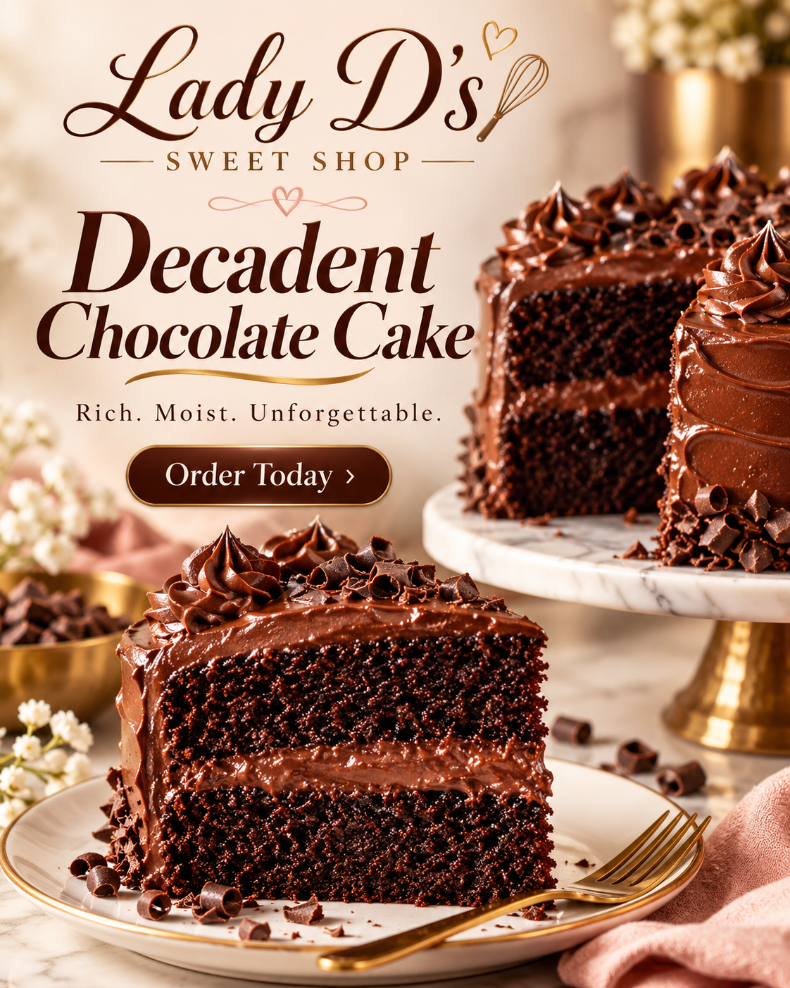 Lady D’s Sweet Shop Decadent Chocolate Cake. Rich. Moist. Unforgettable. Order Today.